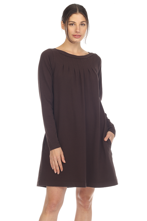 PLEATED FRONT L/S DRESS