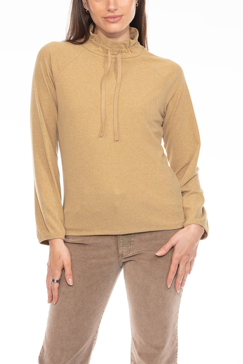 BRUSHED HEATHER RIB KNIT RAGLAN TIE NECK