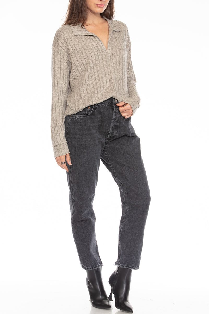 LUSH MELANGE RIB JOHNNY COLLAR