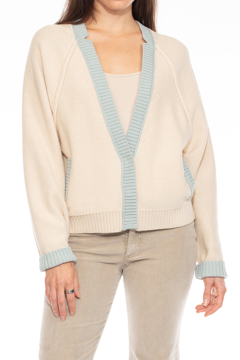 COTTON YARN DYED SWEATER CONTRAST SNAP RAGLAN CARDI