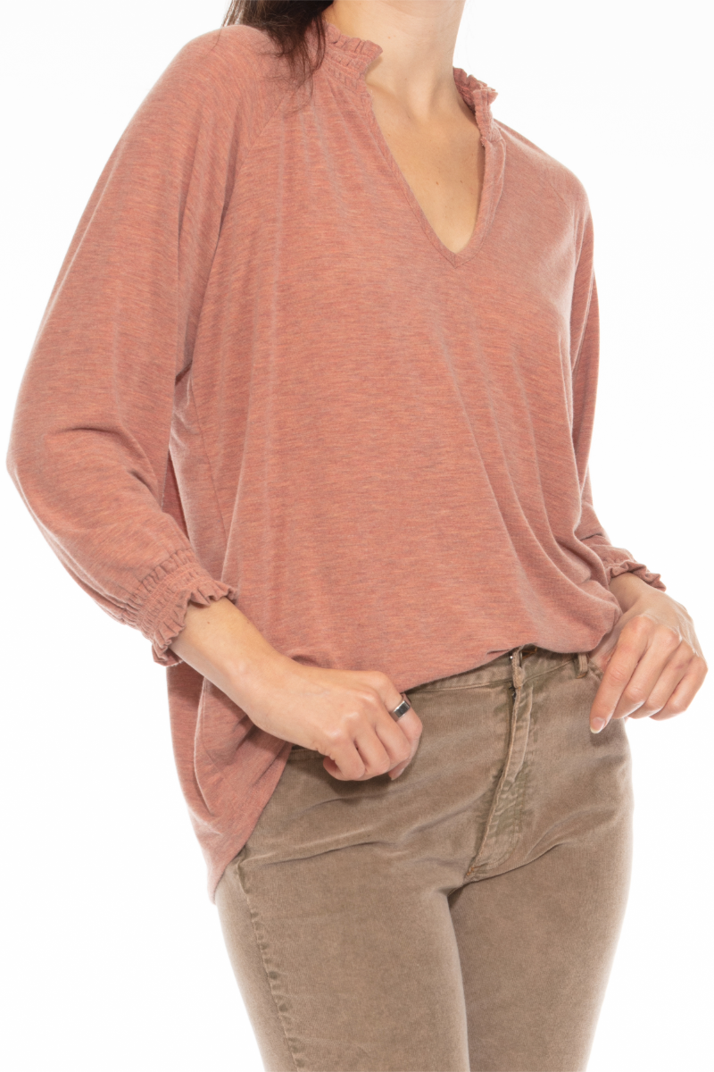 CREPE JERSEY KNIT SMOCKED VEE TUNIC