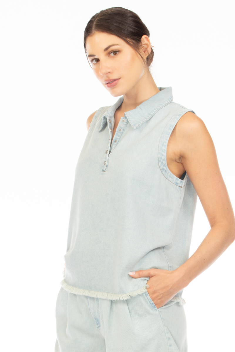 DENIM FRINGE SNAP POLO