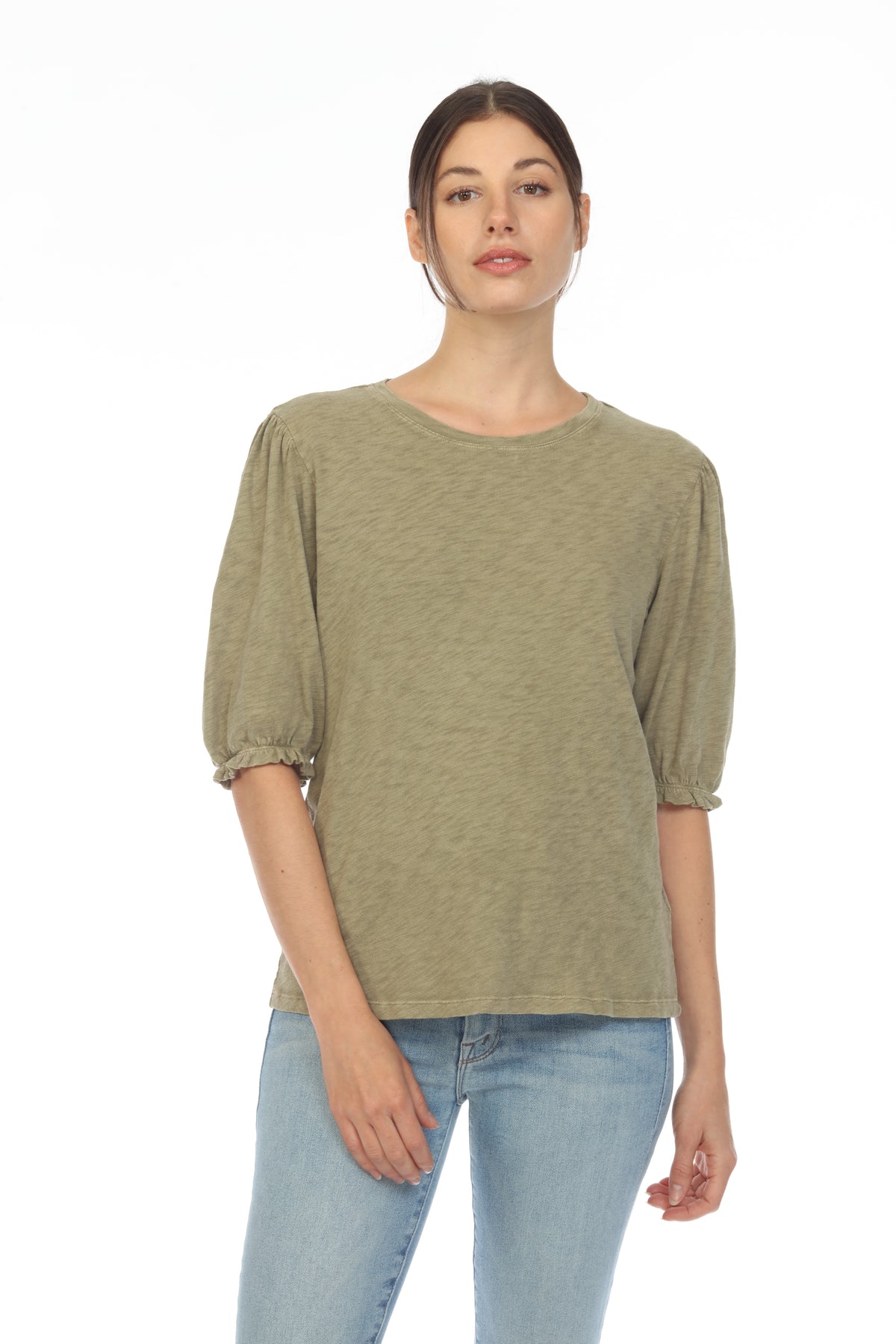 SMOCKED SLEEVE CREW NECK