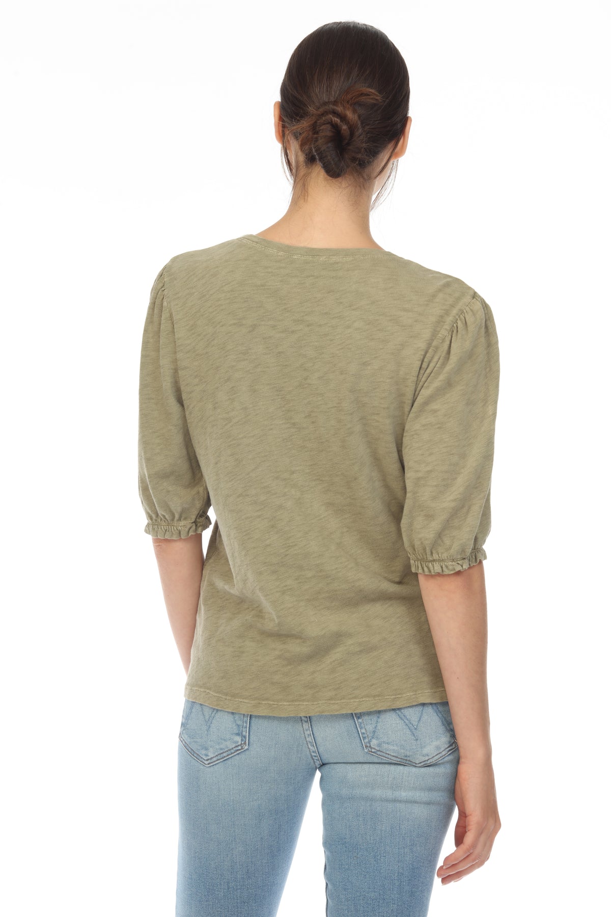 SMOCKED SLEEVE CREW NECK