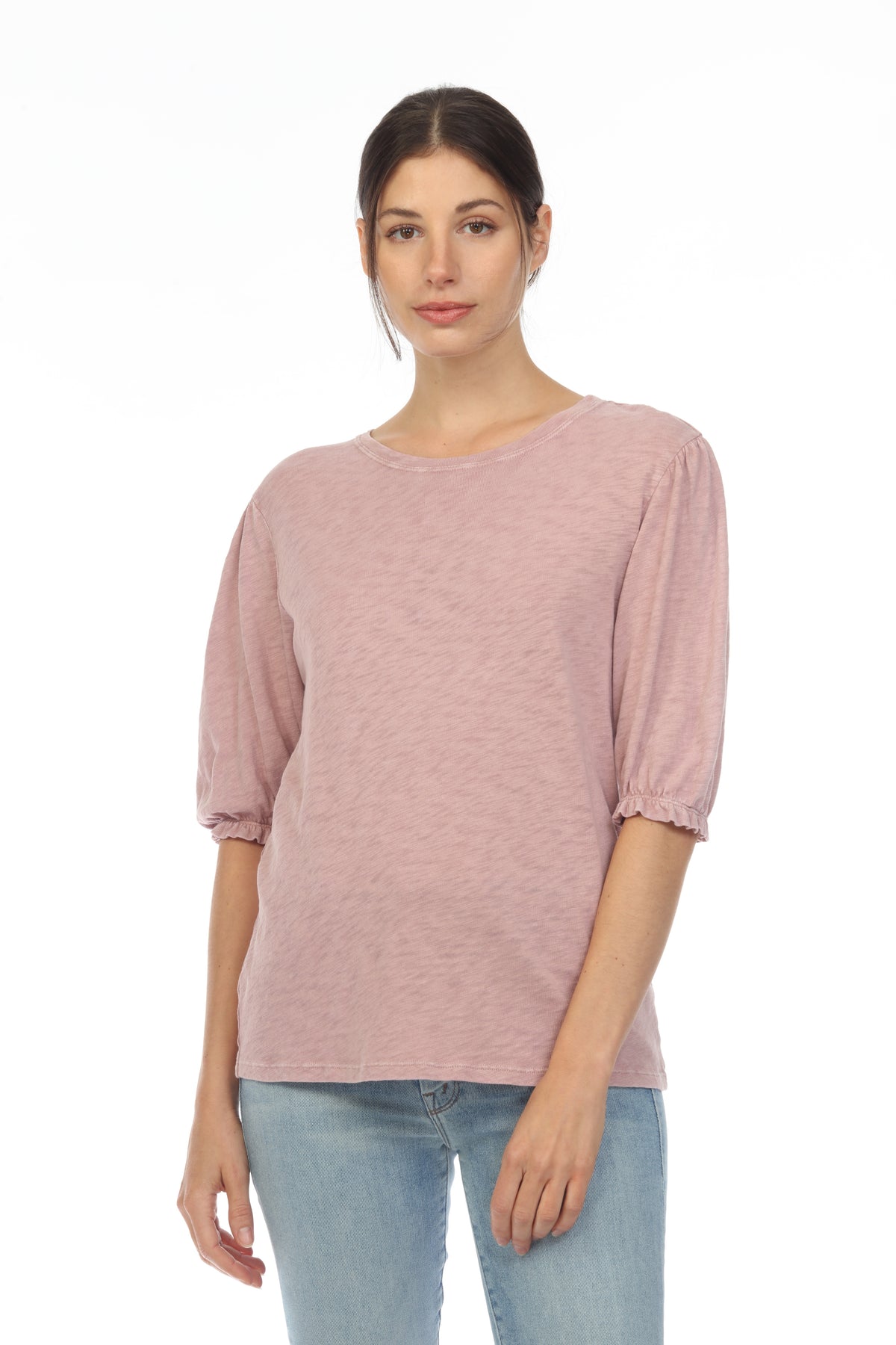 SMOCKED SLEEVE CREW NECK