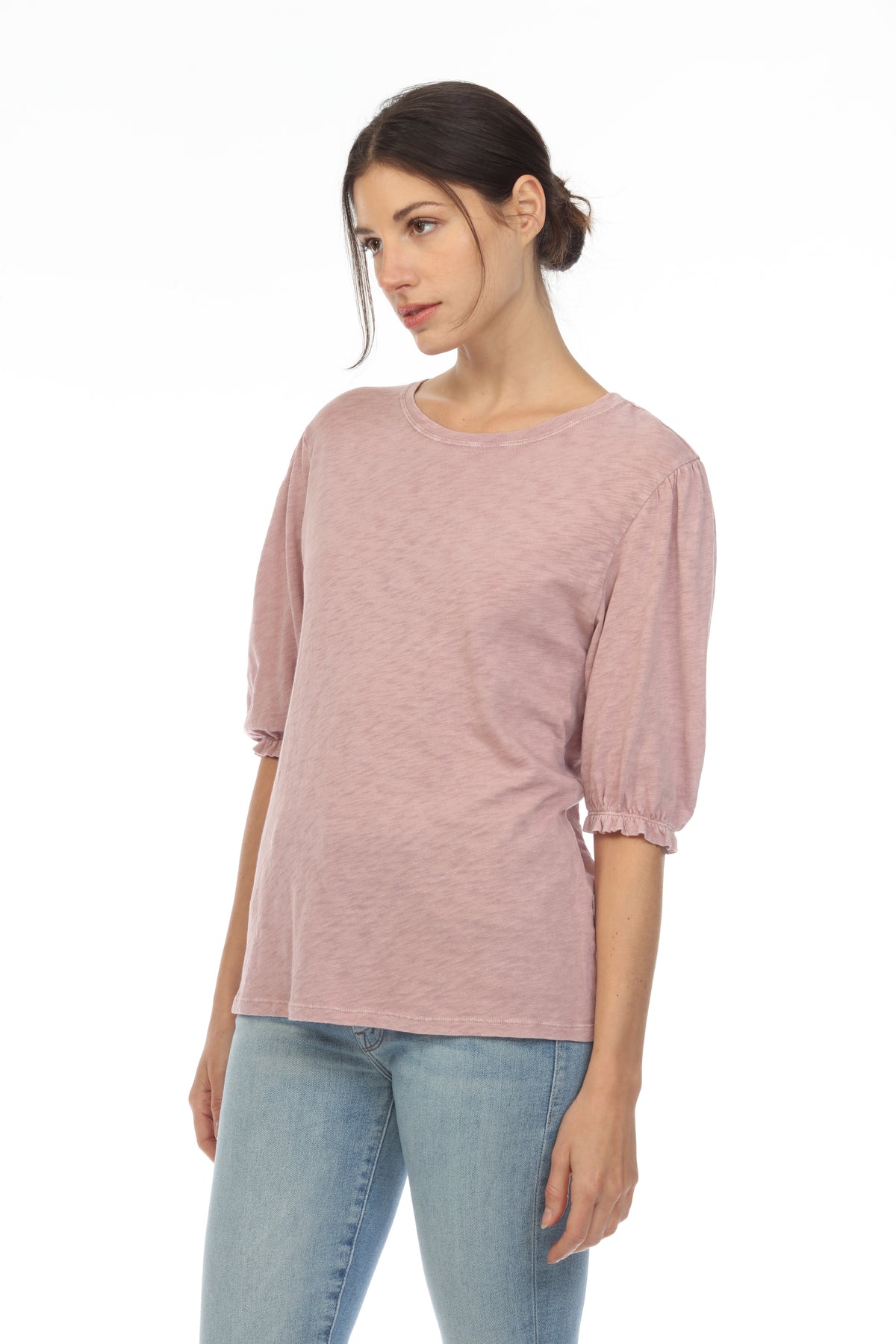 SMOCKED SLEEVE CREW NECK