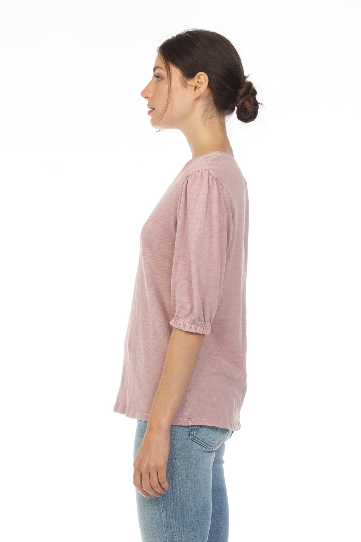 SMOCKED SLEEVE CREW NECK