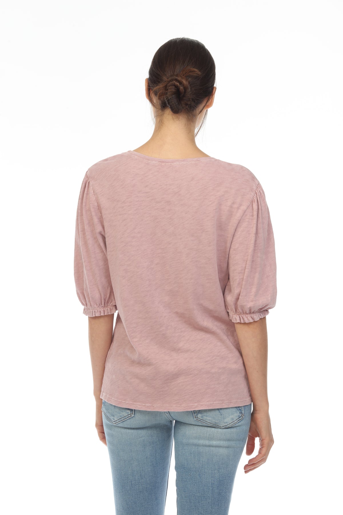 SMOCKED SLEEVE CREW NECK