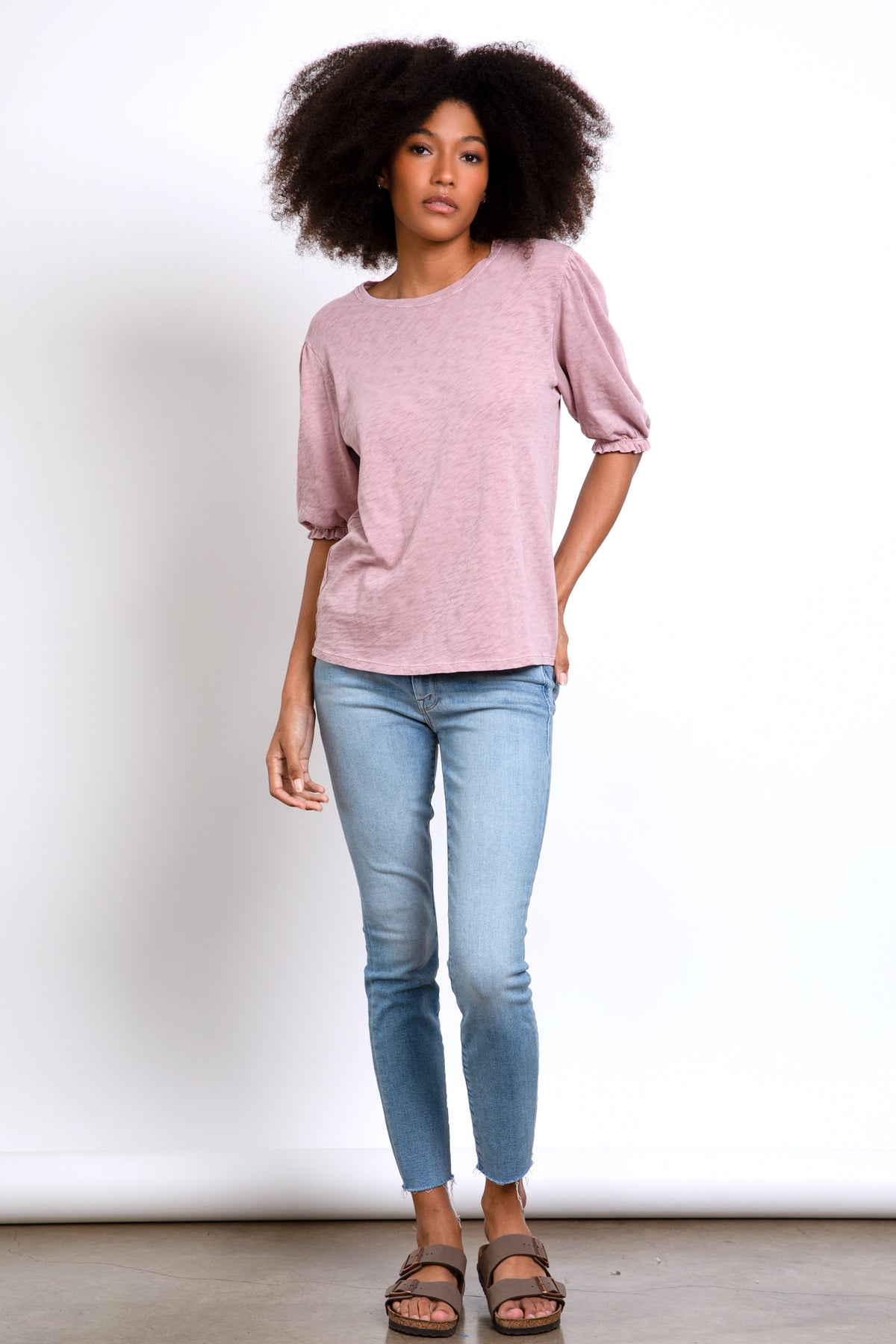 SMOCKED SLEEVE CREW NECK