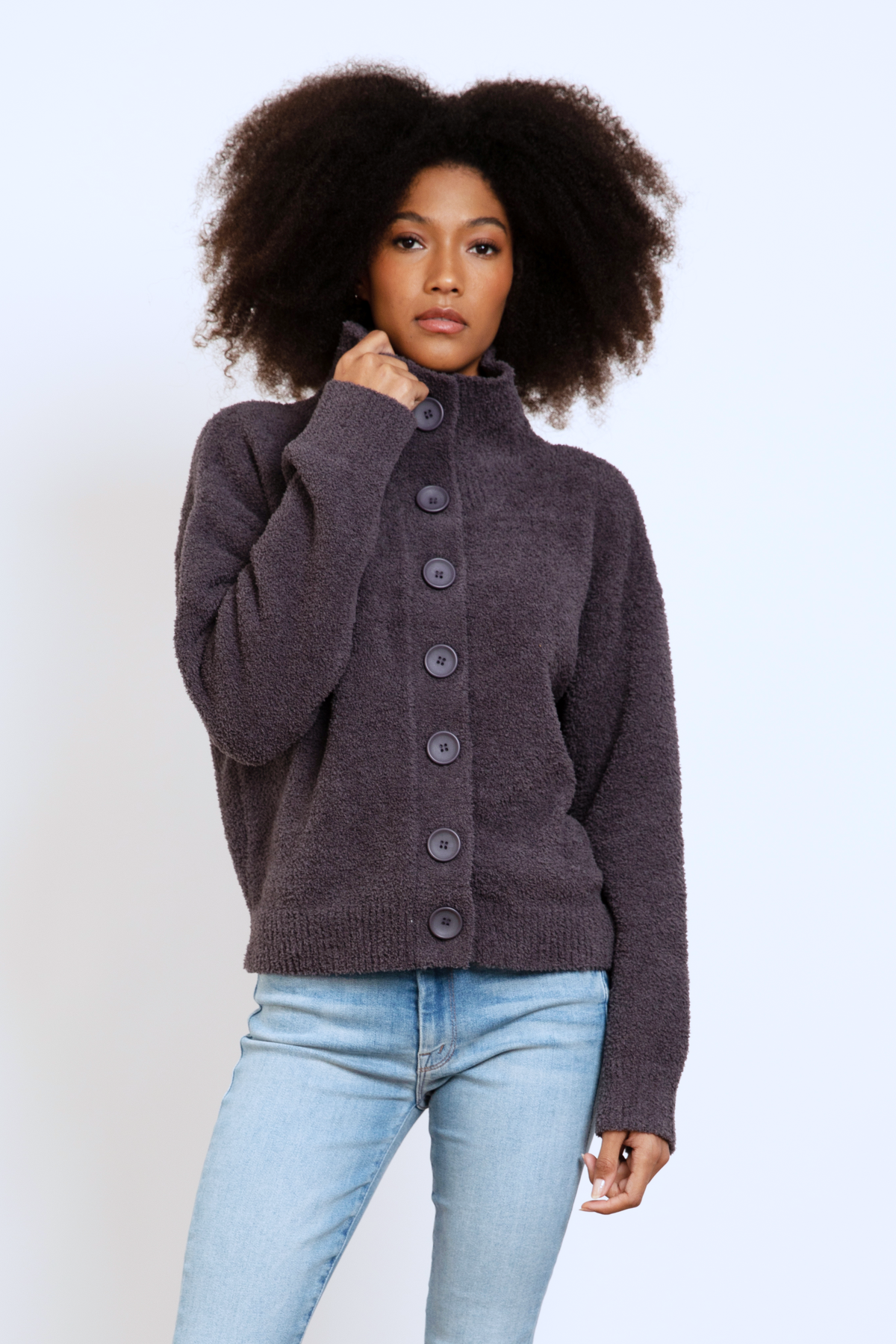 BUTTON FRONT MOCK NECK